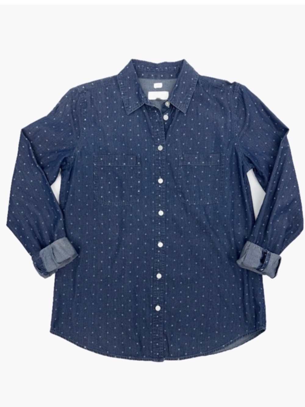 LOFT Softened Chambray Heart Print Button Down Shirt Size Small 100% Cotton - Picture 12 of 12